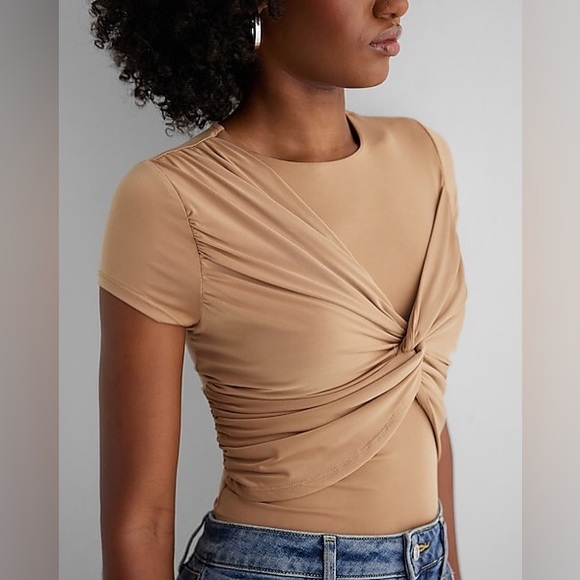 NWT Express Body Contour Compression Crew Neck Twist Front Tee in Pecan - Picture 2 of 8